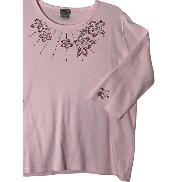 Isaac's Designs Pink Long Sleeve Shirt W/ Floral Rhinestones M Combed Cotton - Picture 5 of 10